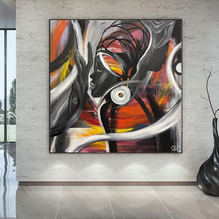 Large Abstract African Woman Face Painting in Black And Red Colors Abstract Figurative Fine Art Original Handmade Artwork | FEMALE ESSENCE - trendgallery.ca