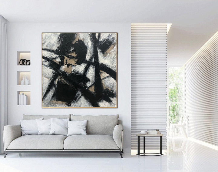 Large Abstract Black and White Wall Art Minimalist Painting Beige Artwork Contemporary Wall Art Painting Wall Decor | MOUNTAIN RIVER