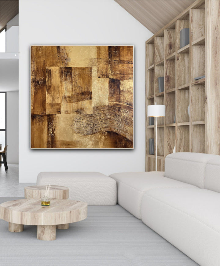 Abstract Brown Acrylic Painting On Canvas Original Wooden Style Wall Art Decor for Living Room | WOODEN TILES 46"x46"