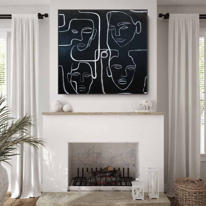 Abstract Faces Oil Painting Modern Black and White Minimalist Artwork Decor for Bedroom | FACES OF NEW LIFE 32"x32"