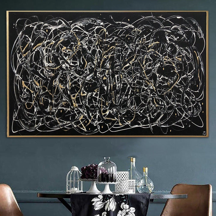 Jackson Pollock Style Aesthetic Painting on Canvas Wall Art Black and White Creative Artwork Painting for Room Decor | ABSTRACT MAZE - trendgallery.ca