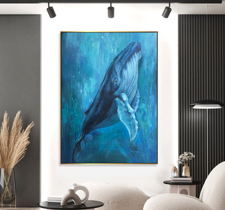 Abstract Great Whale Painting On Canvas Original Navy Blue Artwork Abstract Underwater Animal Painting Hand Painted Art for Home | CALM WISDOM 57"x43.3"