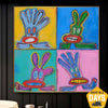 Abstract Colorful Expressionism Painting On Canvas Acrylic Pop Art in Blue, Red and Yellow Colors Anthropomorphic Characters Wall Art | WILD RABBITS 46"x46"