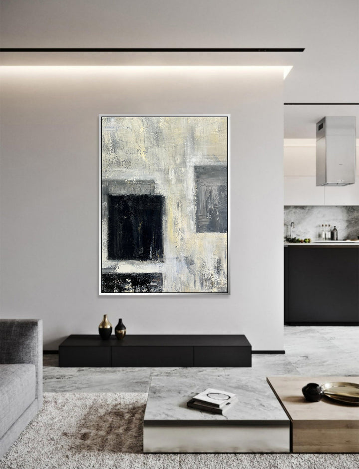 Abstract Painting Canvas Original Modern Painting Acrylic Black And White Paintings Minimalist Contemporary Art Home Decor Wall Art | RECTANGULAR TRANQUILITY 32"x24"
