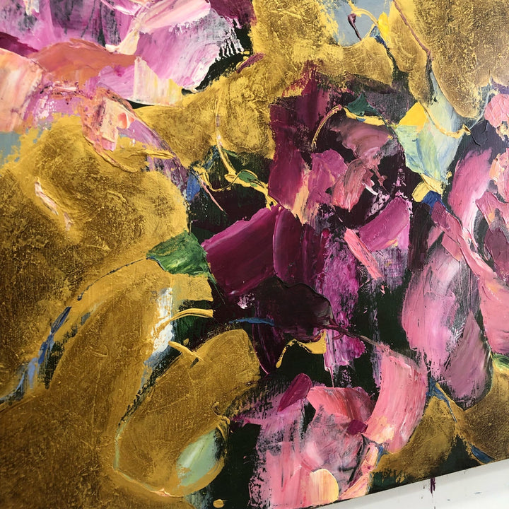 Large Flowers Paintings On Canvas Colorful Abstract Floral Art In Pink And Gold Colors Textured Handmade Painting Modern Art | FLOWER COLLAGE - trendgallery.ca