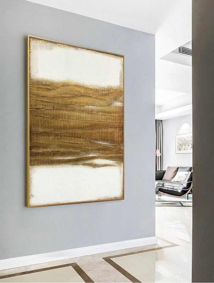 Abstract Minimalist Paintings On Canvas In Gold And White Colors Modern Gold Leaf Art Acrylic Painting Luxury Textured Fine Art | GOLDEN HEAVENS