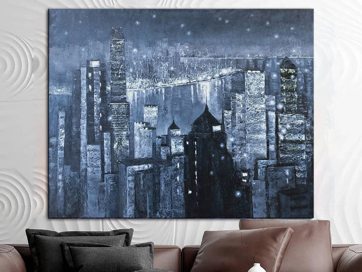Abstract Blue Paintings On Canvas Original City Painting Support Ukraine Oil Handmade Painting | WHAT THE NIGHT HIDES - trendgallery.ca