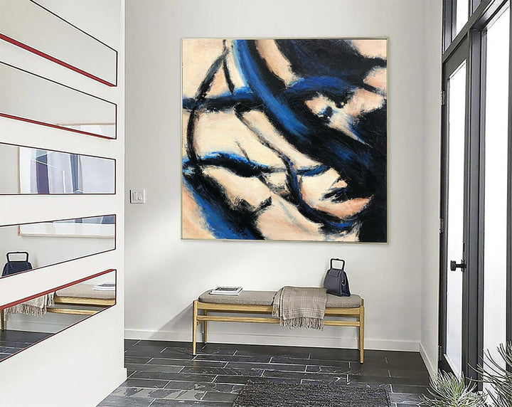 Abstract Minimalist Paintings On Canvas Original Textured Painting 40x40 Oil Painting In Beige, Black And Blue Colors Wall Decor | MORNING SHADOWS