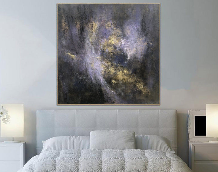 Abstract Painting on Canvas Modern Purple Wall Art Gold Leaf Artwork Heavy Textured Art Monochrome Painting for Aesthetic Decor | FOGGY DAWN