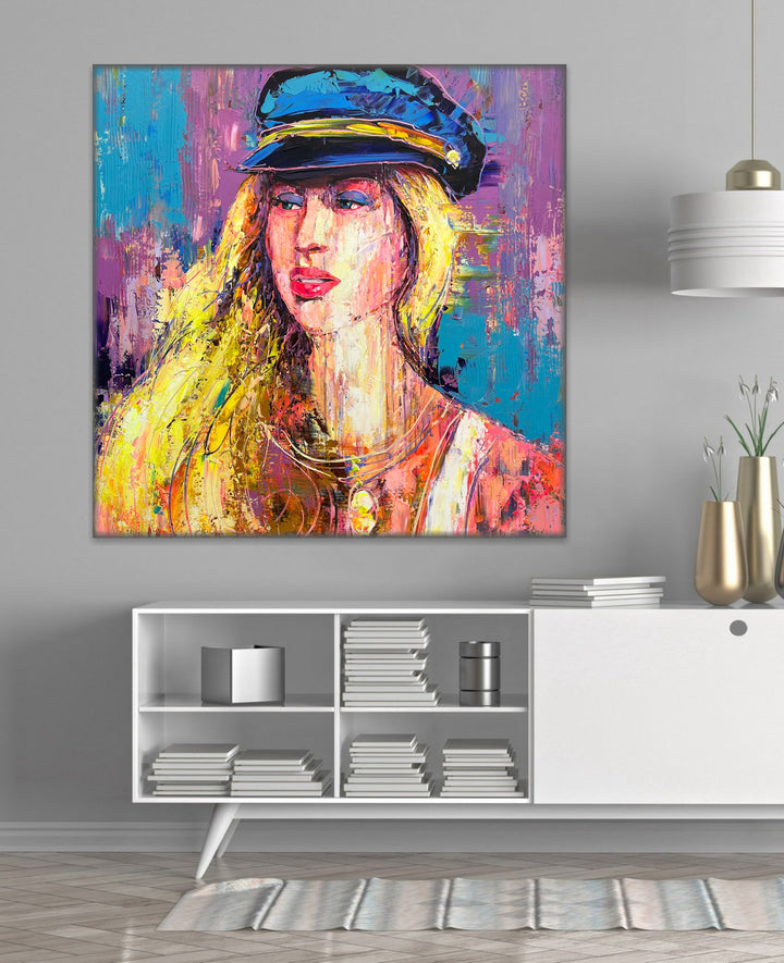 Figurative Art Painting Women In Cap Face Painting Canvas Modern Paintings Living Room Unique Wall Art Home Decor Contemporary | AZURE ELEGANCE 46"x46"