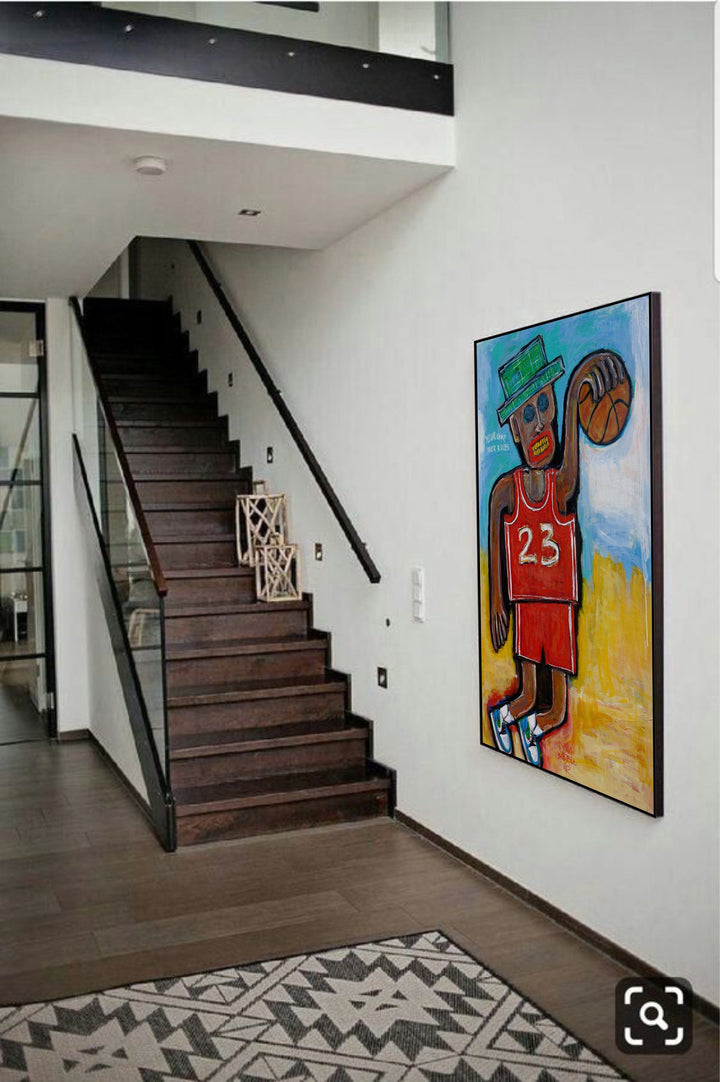 Abstract Basketball Player Colorful Custom Oil Portrait Original Sportsman Wall Art Decor | JORDAN AND BALL 60"x40"