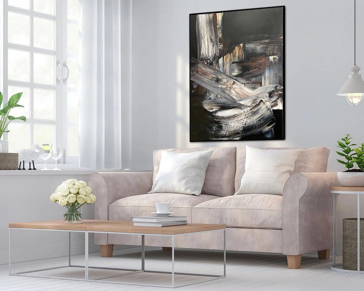 Abstract Oil Painting on Canvas Large Original Oil Painting Modern Art Canvas White on Black Artwork Wall Decor | WHITE LINES - trendgallery.ca
