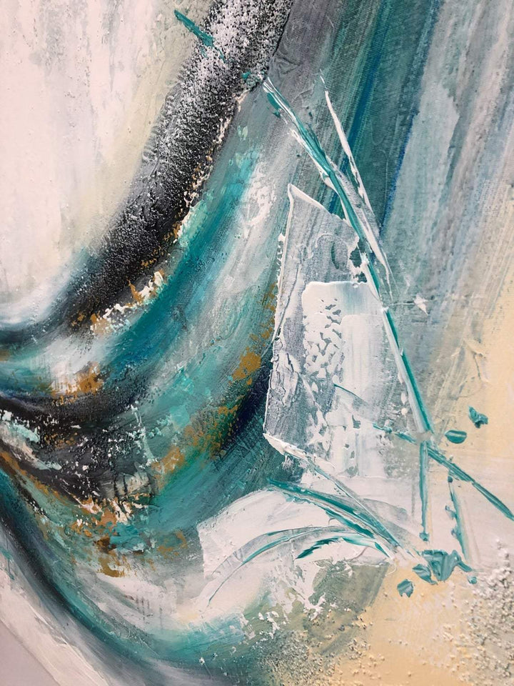 Large Abstract Turquoise Painting On Canvas Beige Wall Art Contemporary Art Wall Decor | FRESHNESS - trendgallery.ca