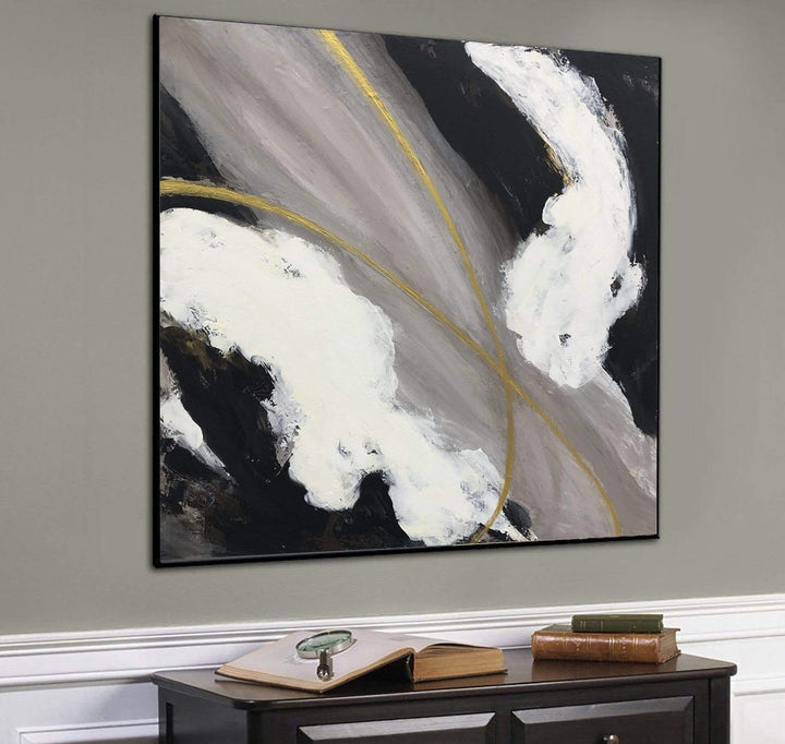 Large Painting On Canvas Gray Painting Black And White Abstract Canvas Art Gold Painting Original Oil Painting Wall  Decor | PATH BETWEEN THE CLOUDS