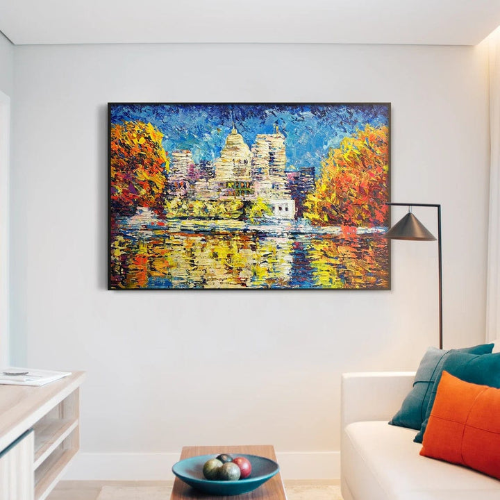 Abstract Colorful Lake Landscape Oil Painting on Canvas Large Original Modern Orange Textured Wall Art | CITY LAKE - trendgallery.ca