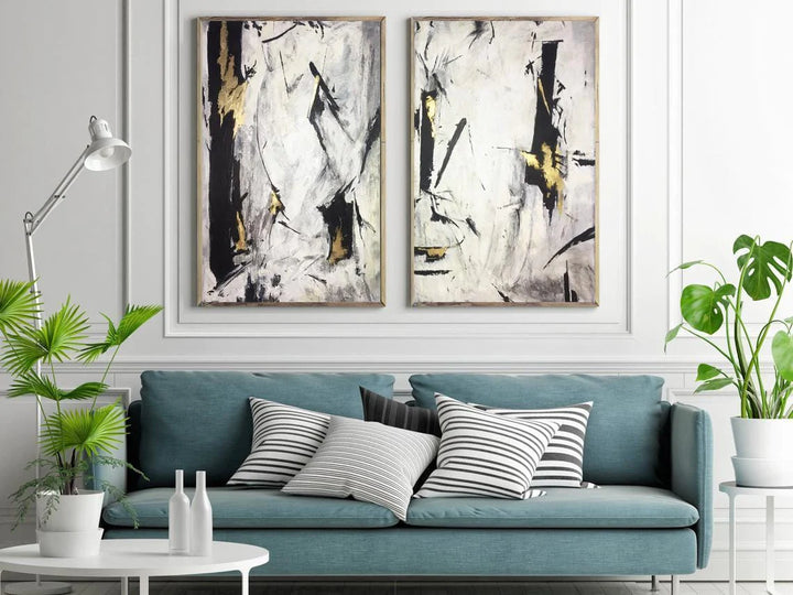 Oil Paint Canvas Set Abstract Art Set Of 2 Black White Abstract Painting Office Decor Minimal Art Texture Painting | POTENTIAL GROWTH
