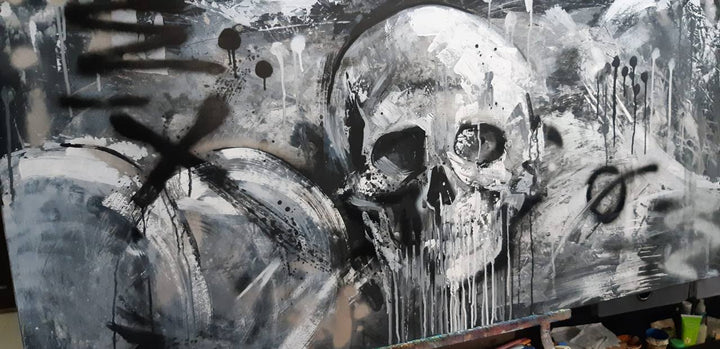 Abstract Skull Oil Painting Black and White Artwork Graffiti Style Wall Art Decor for Home | URBAN SKULL