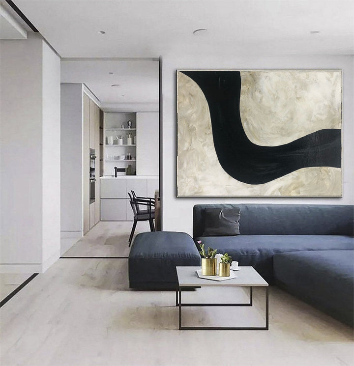 Abstract Beige Wall Art Canvas Minimalism Painting Black Line Painting Heavy Textured Artwork Contemporary Wall Art for Living Room | WINDING ROAD - trendgallery.ca