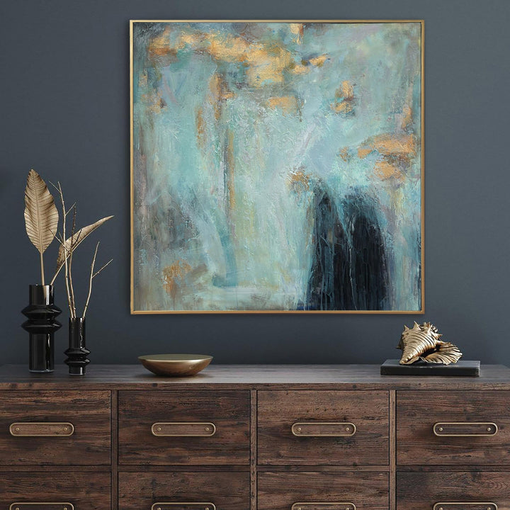 Large Abstract Painting on Canvas Turquoise Wall Art Neutral Artwork Painting 32x32 Art for Aesthetic Room Decor | FROSTY MORNING - trendgallery.ca