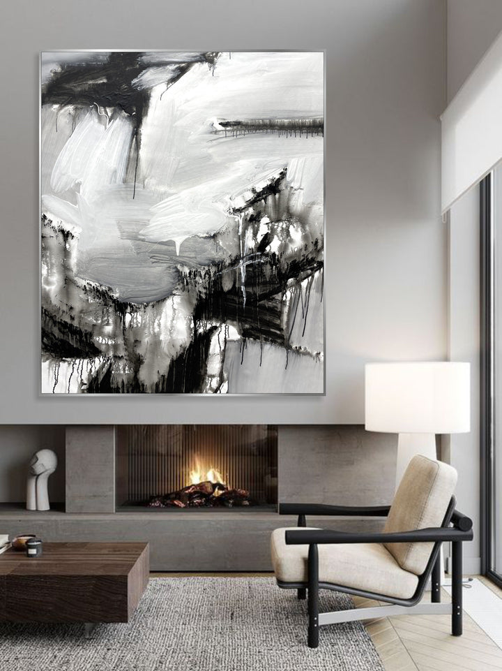 Original Abstract Black And White Paintings On Canvas Textured Handmade Minimalist Art Contemporary Home Wall Decor | WHITE AND BLACK 2 47.2"x39.4"