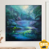 Original Abstract Lake Paintings On Canvas Contemporary Night Nature Artwork Unique OIl Painting Modern Wall Art for Indie Room | MIDNIGHT SERENITY 43.3"x43.3"
