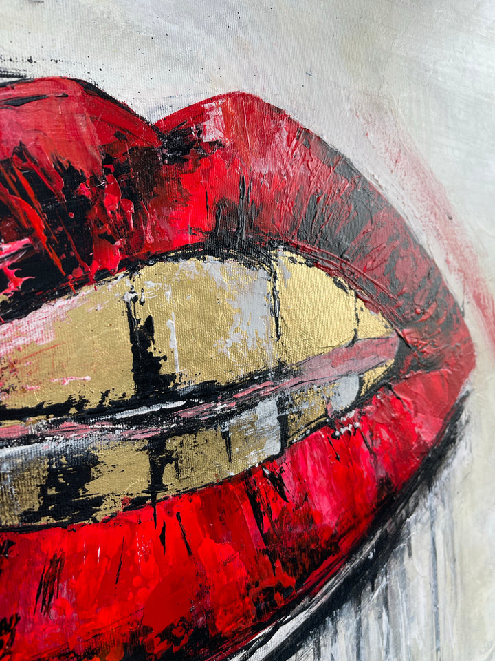 Abstract Lips Oil Painting Red Lips in Lipstick Original Sexy Artwork for Bedroom Decor | TEMPTATION