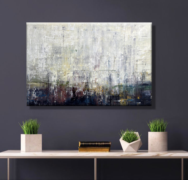Original Abstract Beige and Navy Blue Paintings On Canvas Creative Minimalist Artwork Acrylic Home Wall Decor | STRUCTURE 6 35.4"x55.1"