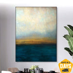 Abstract Blue And Grey Oil Paintings On Canvas Modern Gold Leaf Painting Textured Sunset Artwork Handmade Ocean Painting for Home | WATERSCAPE 40"x30"