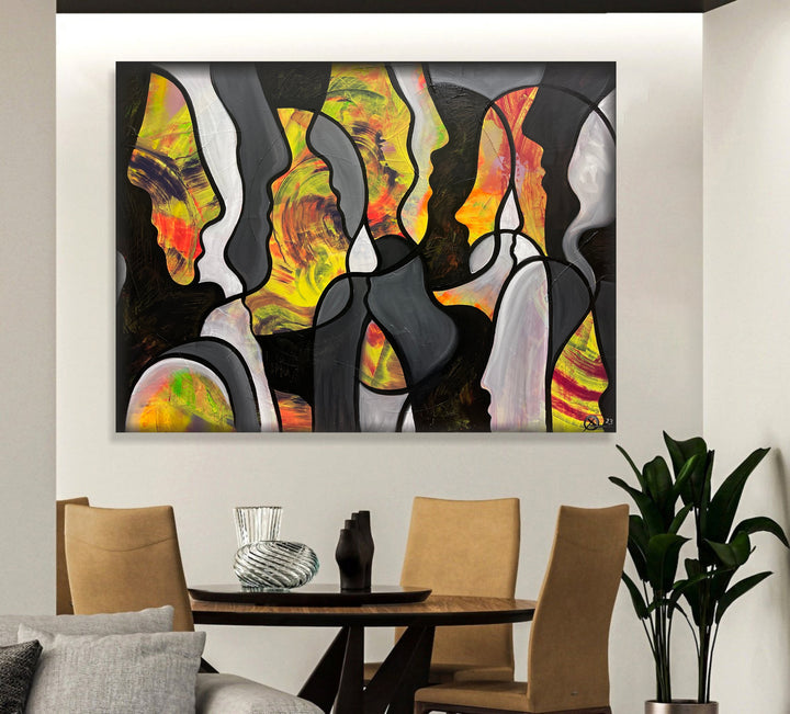 Large Abstract Figurative Paintings On Canvas Original Textured Yellow Artwork Modern Oil Painting Wall Hanging Decor for Home | MOON PEOPLE 34"x46"