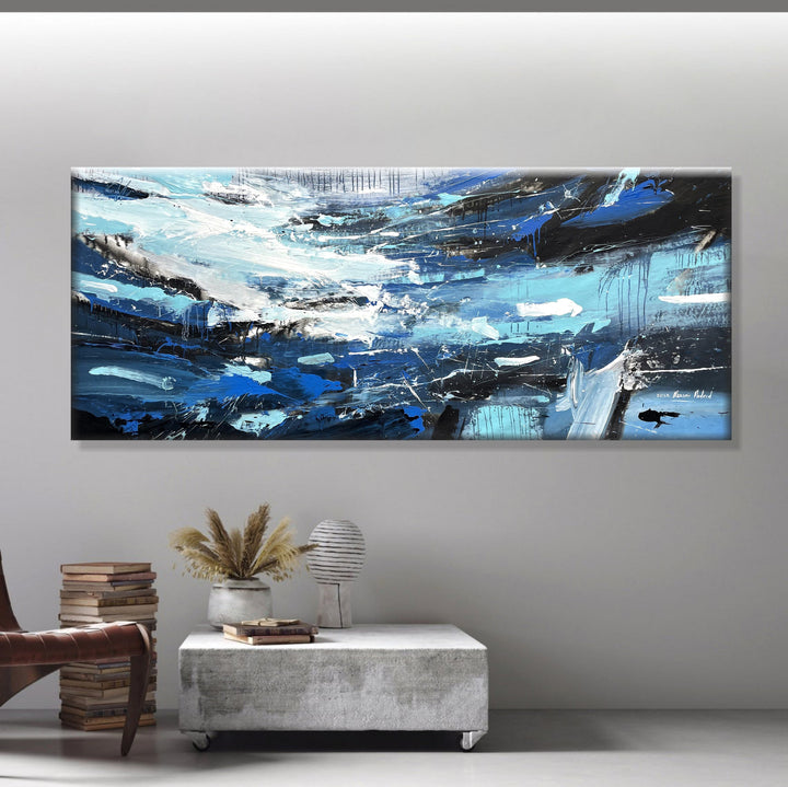 Abstract Blue and White Paintings On Canvas Original Acrylic Artwork in Neutral Colors Textured Handmade Painting for Home Wall Decor | BLUE AND WHITE 29.5"x80.7"