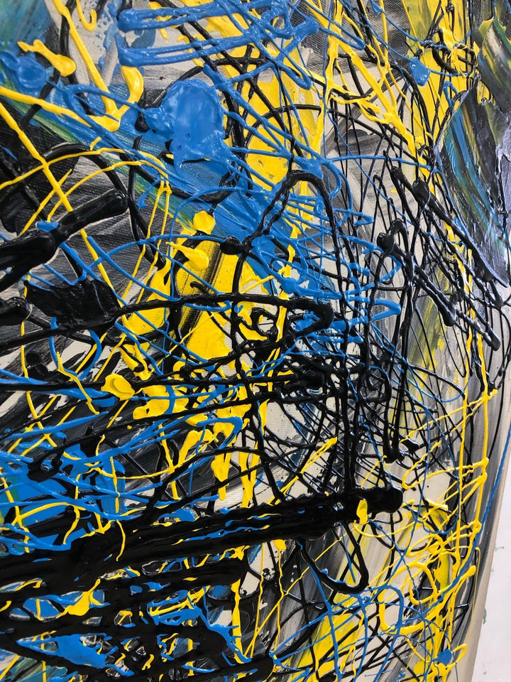 Jackson Pollock Style Paintings On Canvas Abstract Expressionist Painting In Blue And Yellow Colors Modern Handmade Painting | CHAOTIC DREAMS - trendgallery.ca