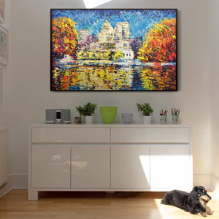 Abstract Colorful Lake Landscape Oil Painting on Canvas Large Original Modern Orange Textured Wall Art | CITY LAKE - trendgallery.ca