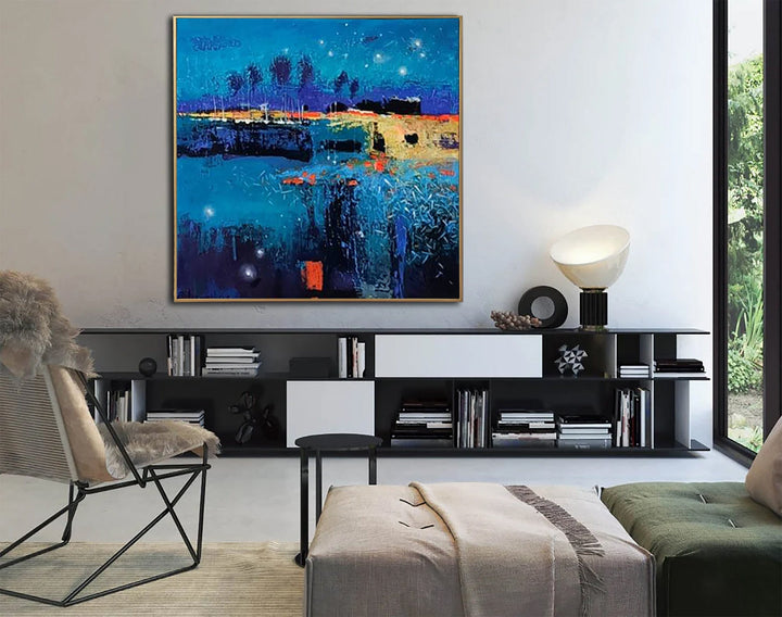 Large Abstract Blue Paintings On Canvas Original OIl Painting Textured Wall Art Creative Fine Art Framed Painting | DARK NIGHT - trendgallery.ca