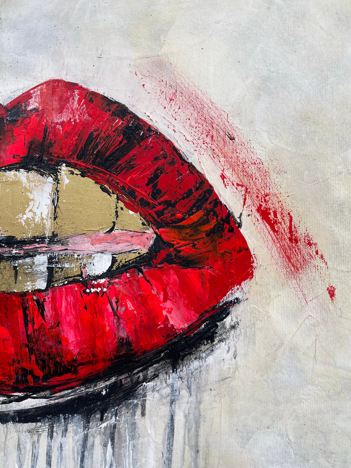 Abstract Lips Oil Painting Red Lips in Lipstick Original Sexy Artwork for Bedroom Decor | TEMPTATION