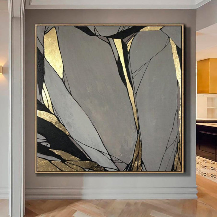 Abstract Painting On Canvas Gray Painting Gold Leaf Painting | MIRROR BLOOM