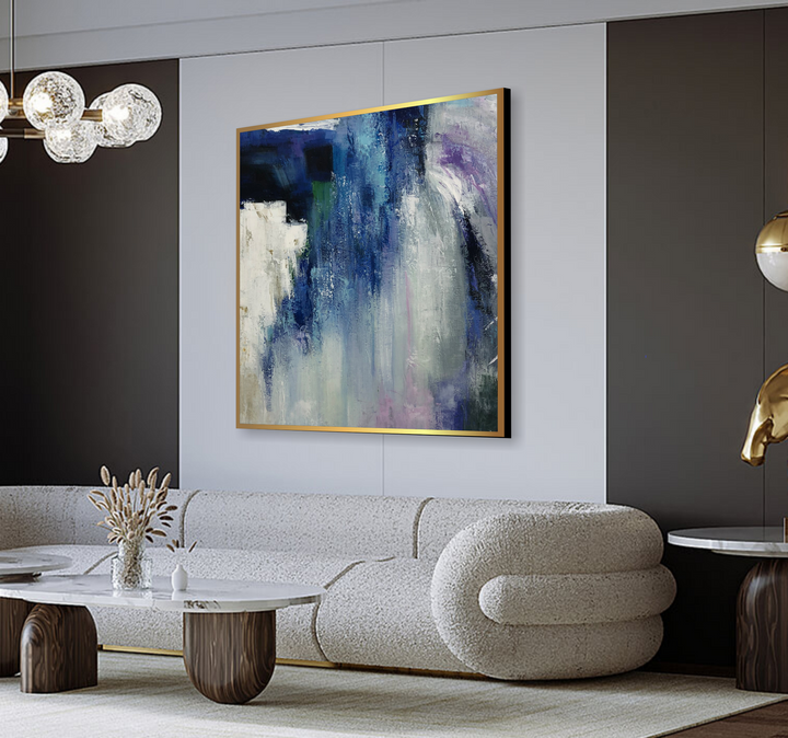 Original Abstract Navy Blue Paintings on Canvas, Neutral Colors Oil Artwork, Contemporary Textured Painting for Indie Room Decor | STORM AFTERMATH 29.9"x29.9"