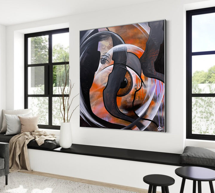 Figurative Abstract Art Painting On Canvas Original Abstract Face Woman Painting Original Black And Orange Art Unique Painting | INFINITY INTERPRETATIONS 46"x46"
