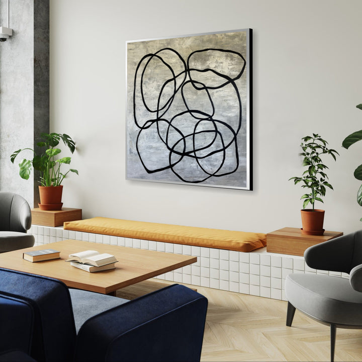 Abstract Black and White Paintings On Canvas Unique Abstract Lines Artwork, Modern Geometric Painting Minimalist Acrylic Art for Home Decor | WANDERING CIRCLES