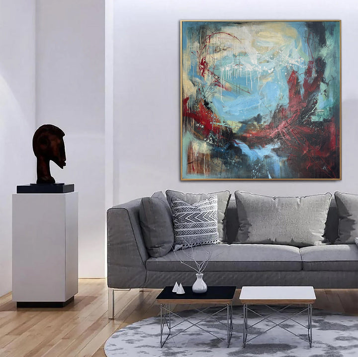 Large Abstract Red Blue Paintings on Canvas Original Blue Wall Art Modern Oil Painting Textured Fine Art for Living Room Wall Decor | MAGIC OBLIVION