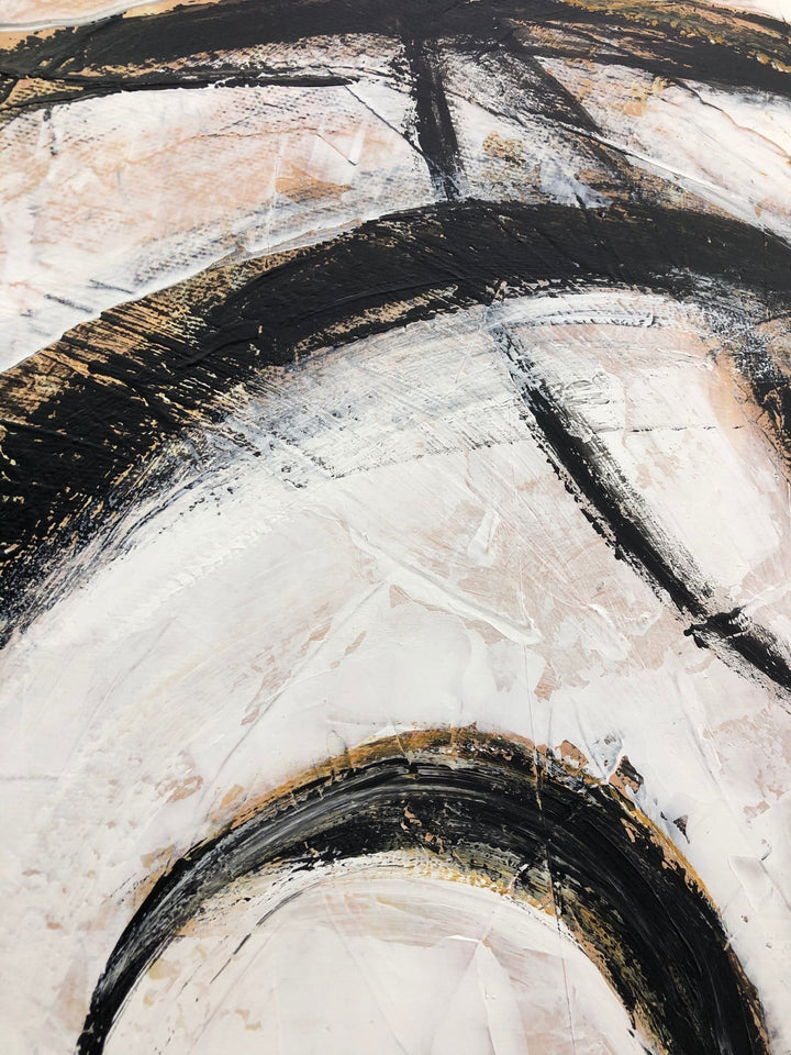 Curved lines minimalist original oil painting on canvas: abstract modern art in black, white, beige, brown for home and office wall decor | LIFE CYCLE - trendgallery.ca