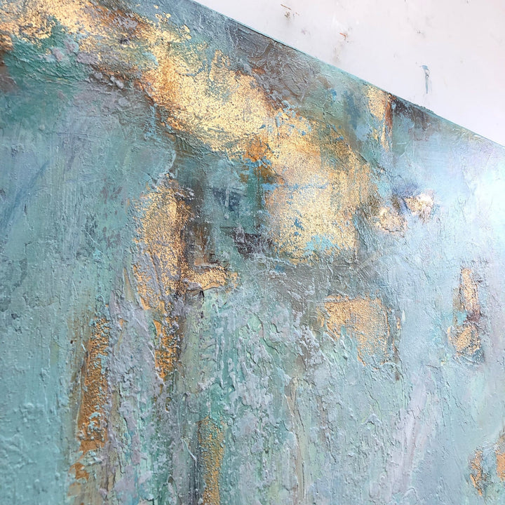 Large Abstract Painting on Canvas Turquoise Wall Art Neutral Artwork Painting 32x32 Art for Aesthetic Room Decor | FROSTY MORNING - trendgallery.ca