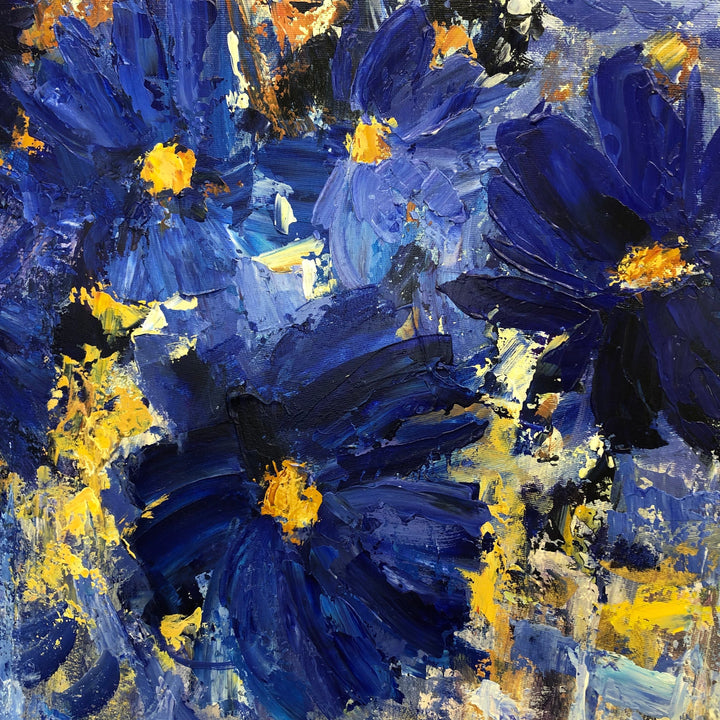 Blue And Gold Painting Abstract Flower Paintings On Canvas Original Modern Paintings Living Room | FLOWER HEART 46"x46"