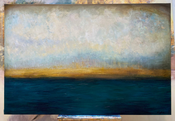 Large Original Abstract Sunset Oil Paintings On Canvas Modern Blue And Grey Painting Textured Gold Leaf Artwork Ocean Wall Art Decor | WATERSCAPE 36"x54"