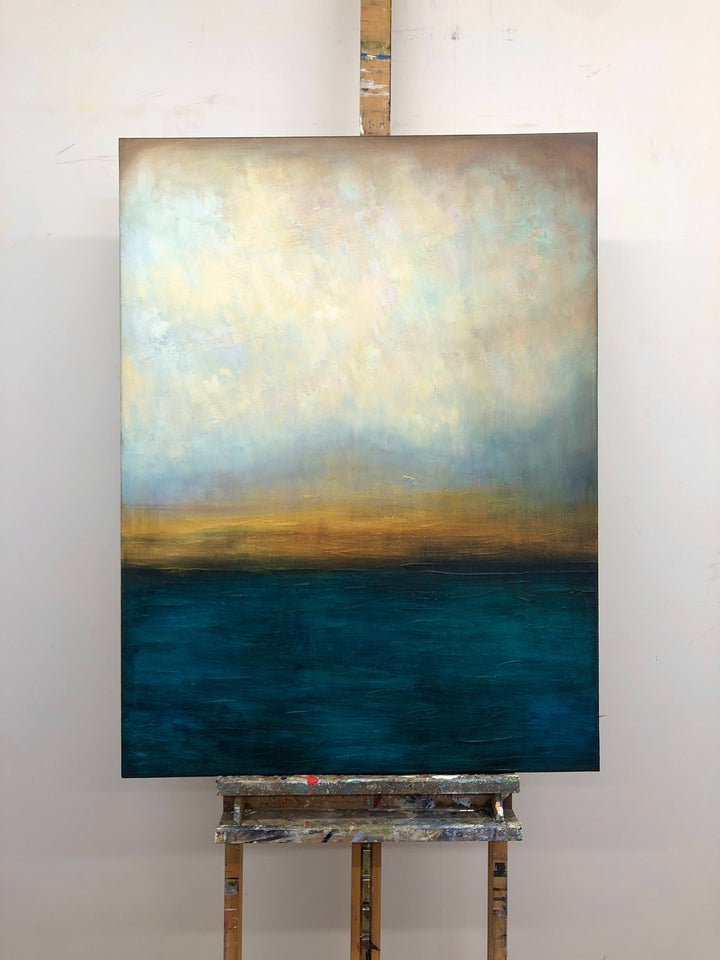 Abstract Blue And Grey Oil Paintings On Canvas Modern Gold Leaf Painting Textured Sunset Artwork Handmade Ocean Painting for Home | WATERSCAPE 40"x30"