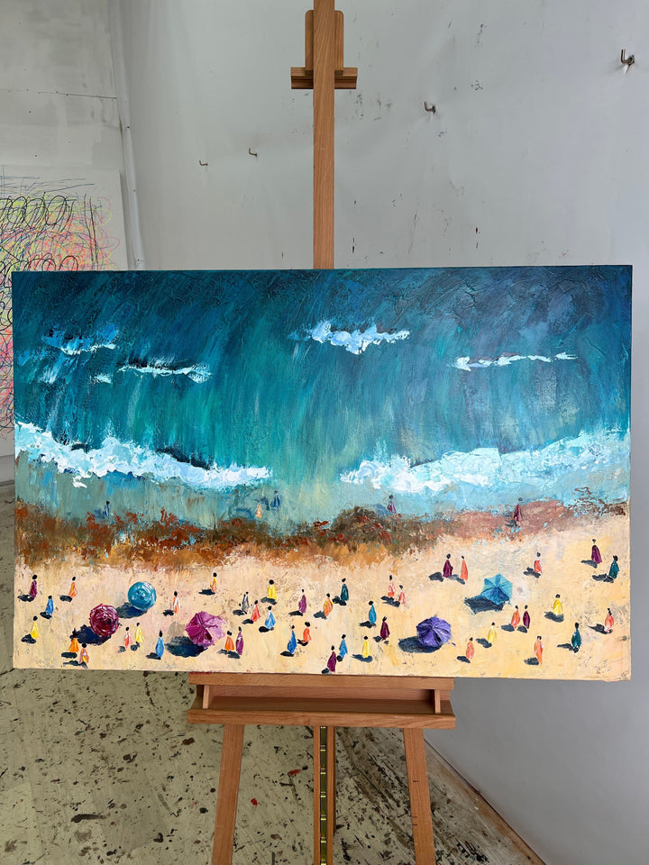 Abstract Coastal Oil Paintings On Canvas, Original Sunny Beach Painting in Blue and Beige Colors for Home And Office Wall Decor | BEACH SEASON