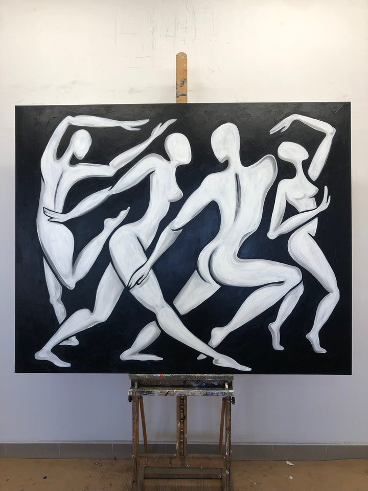 Large Abstract People Silhouettes Black And White Paintngs On Canvas, Textured Figurative Art, Acrylic Oil Painting for Living Room | GREEK PARTY 48"x60"