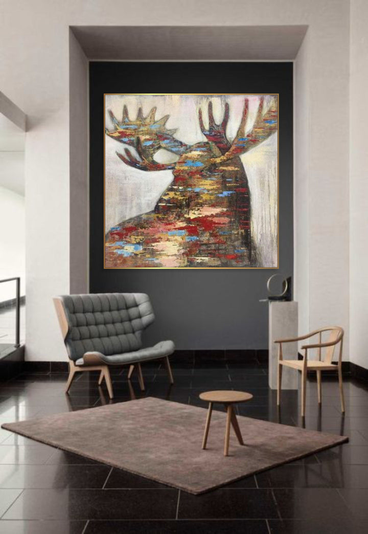 Large Abstract Moose Painting on Canvas Animal Wall Art Original Oil Painting Heavy Textured Artwork Hand Painted Art Gift for Animal Lover | FOREST KING