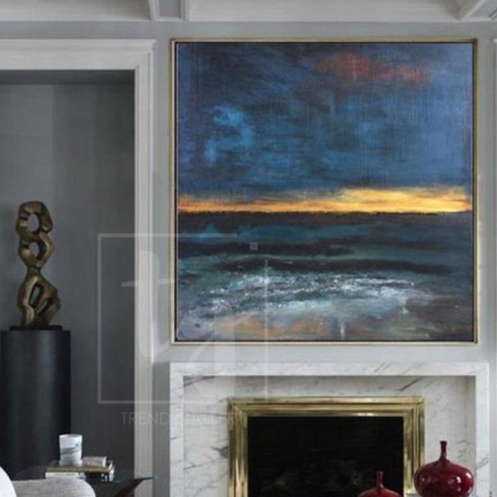 Abstract Acrylic Painting On Canvas Blue Painting Gold Painting Sunset Painting | STORMY SEA - trendgallery.ca