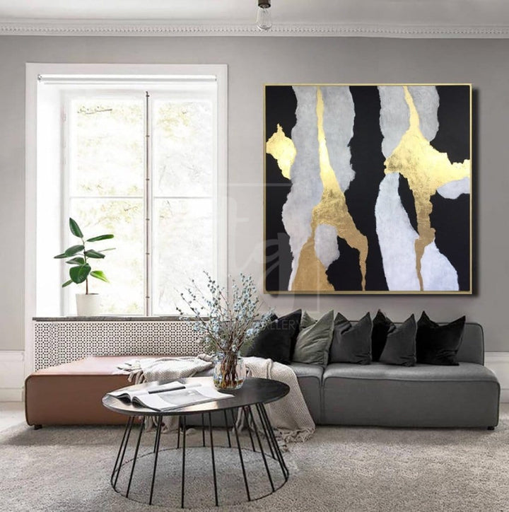 Black And White Painting Gold Leaf Painting On Canvas Abstract Living Room Decor | SOUL NOTES - trendgallery.ca