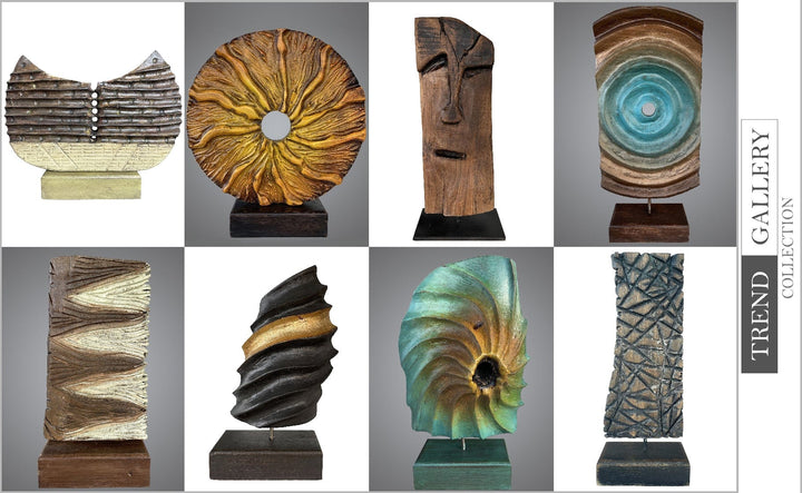 Creative Round Wood Sculpture Hand Carved Modern Sculpture Ribbed Desktop Art Original Table Figurine | OCEAN VORTEX 20"x16" - Trend Gallery Art | Original Abstract Paintings